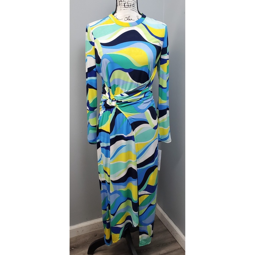 London Style High-Low Sheath Dress Women 6 Multi Geometric O-Ring Waist Back Zip